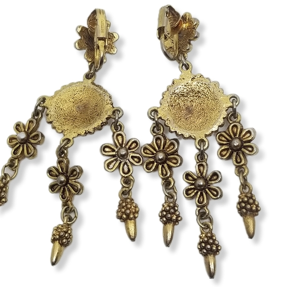 HATTIE CARNEGIE VINTAGE GOLDTONE FLOWER DESIGN CHANDELIER STATEMENT EARRINGS - Picture 6 of 7